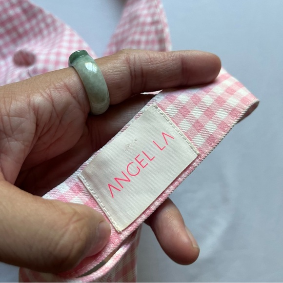 ANGEL LA pink white gingham check plaid crystal gem buckle halter crop backless - Picture 5 of 7